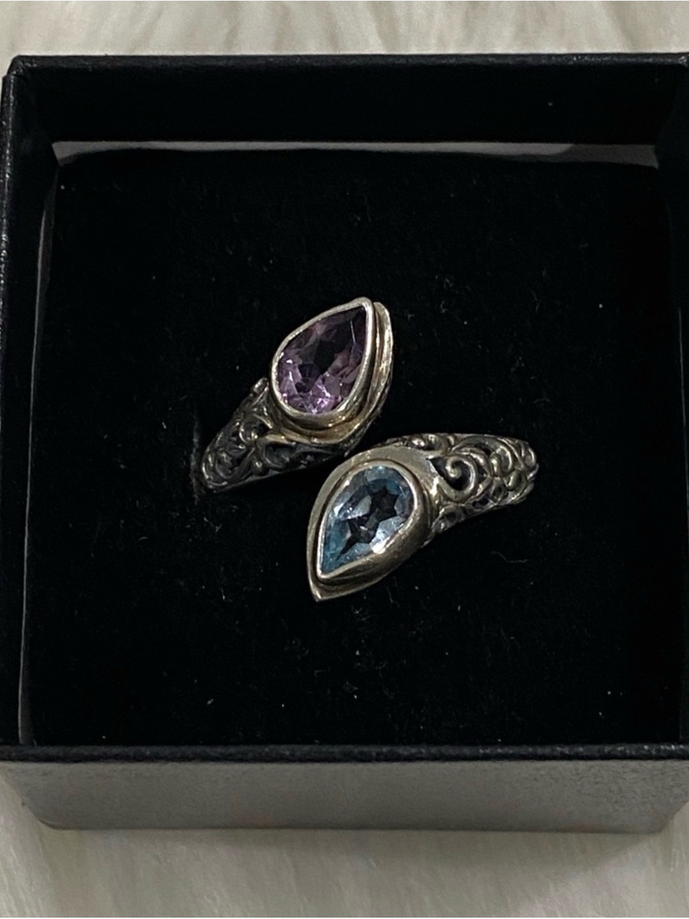 Sterling Silver Teardrop Amethyst & Blue Tops Gemstone Bypass Ring Size 8.5